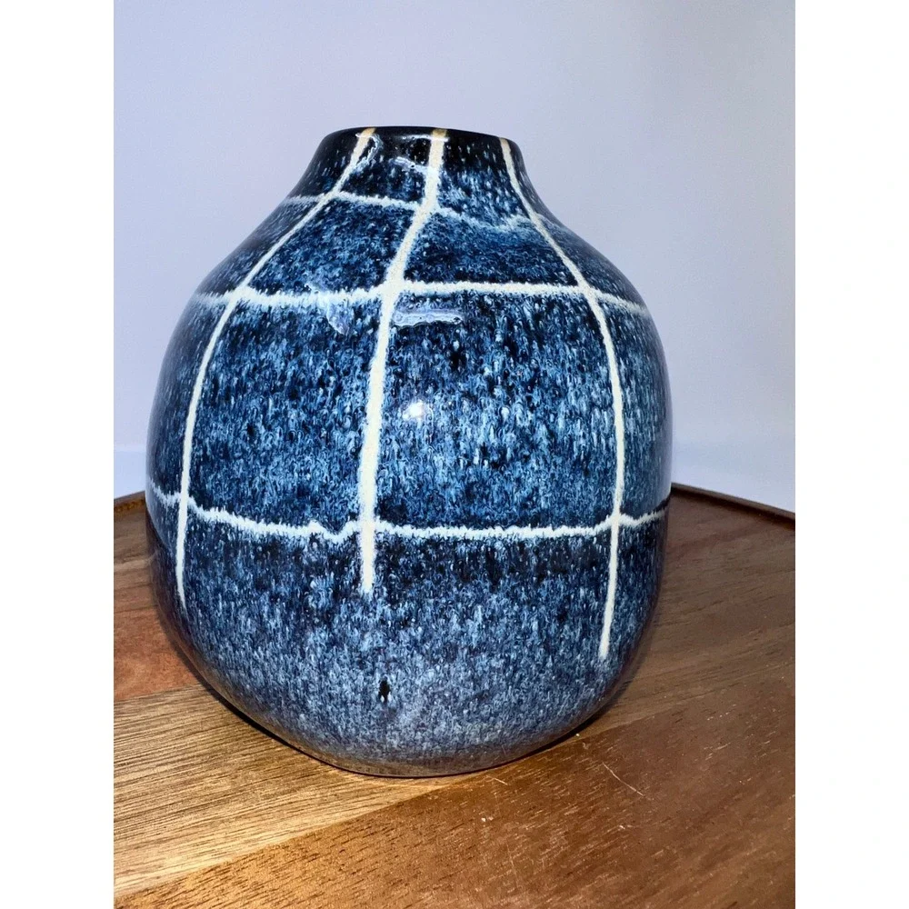 Modern Blue Ceramic‎ Vase Grid Pattern Home Decor Accent